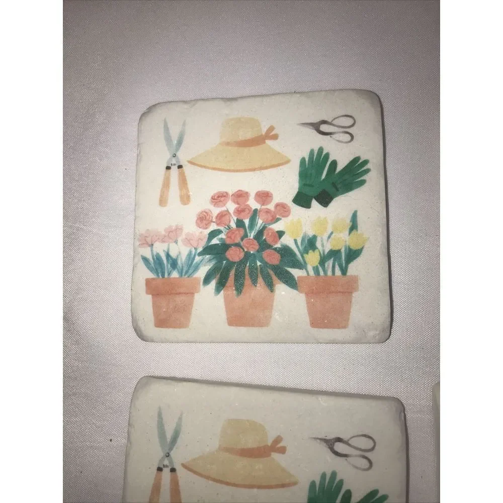 Tabletop Gardening Coaster Set/4 Resin Flowers‎ Hat Wheel Barrow Cg175957